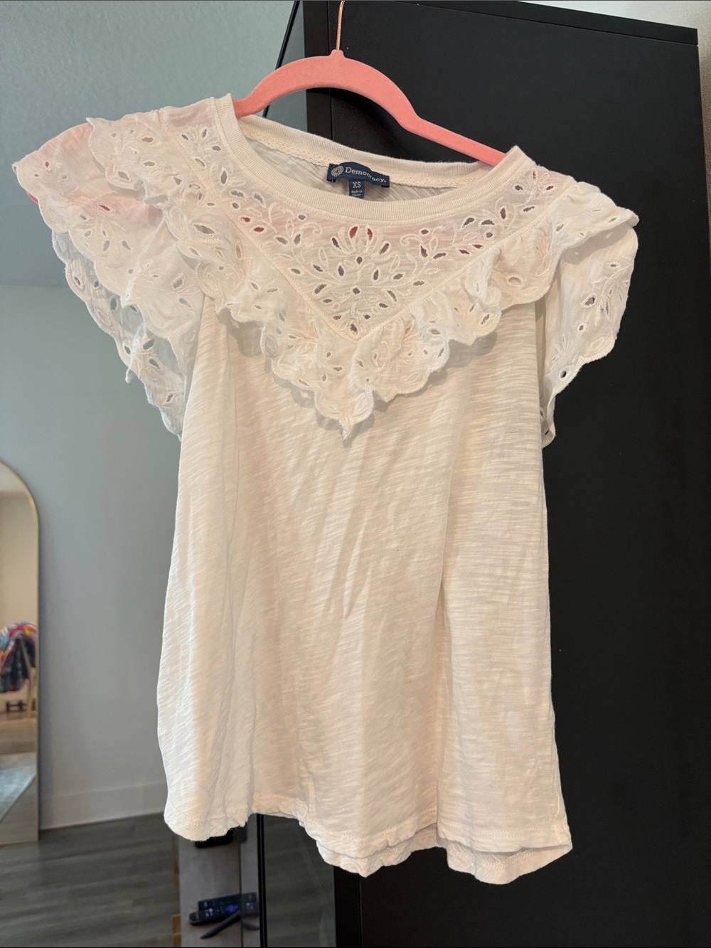 Democracy Ivory Eyelet Ruffle Shoulder Top